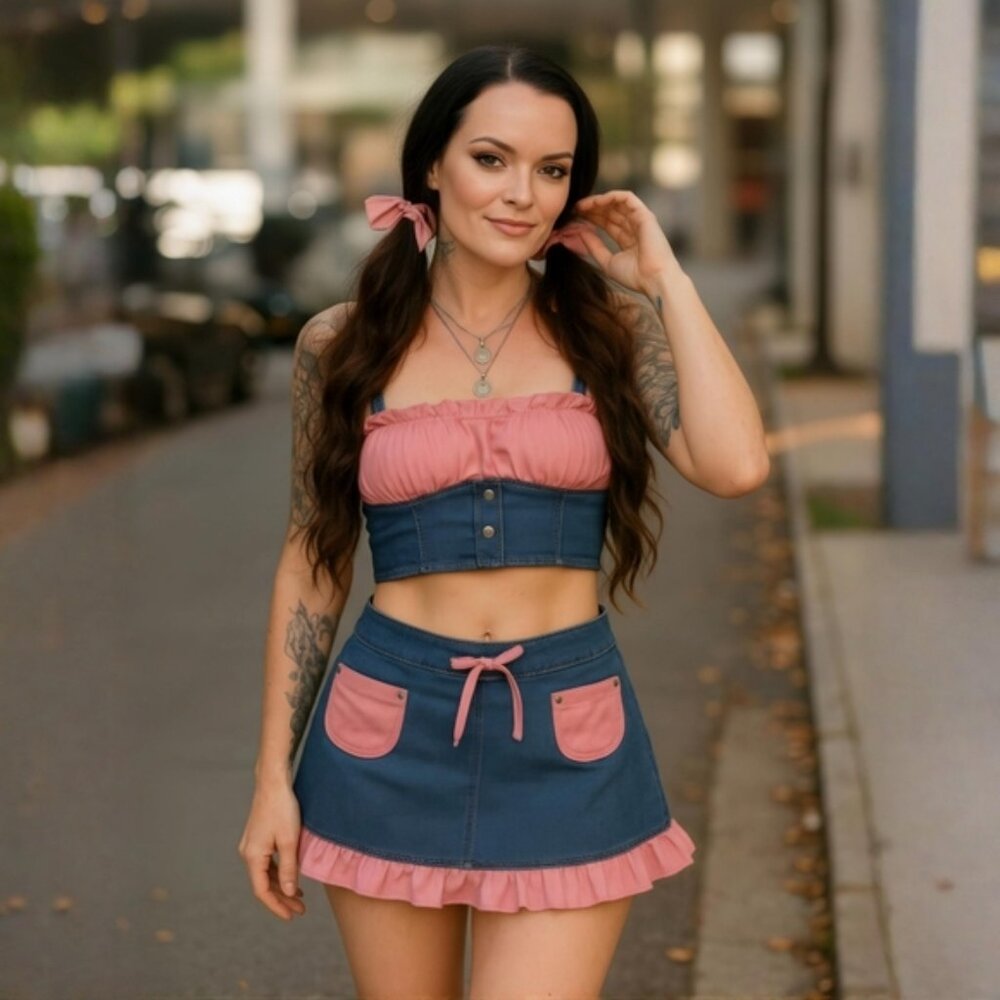 Trickz N Treatz ✦ Heiress Denim Mini Set ✦ Pink Trim Crop Top w/ Puppy Bag NWT